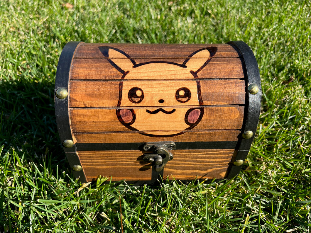 Hand Burned Wooden Treasure Chest - Pikachu