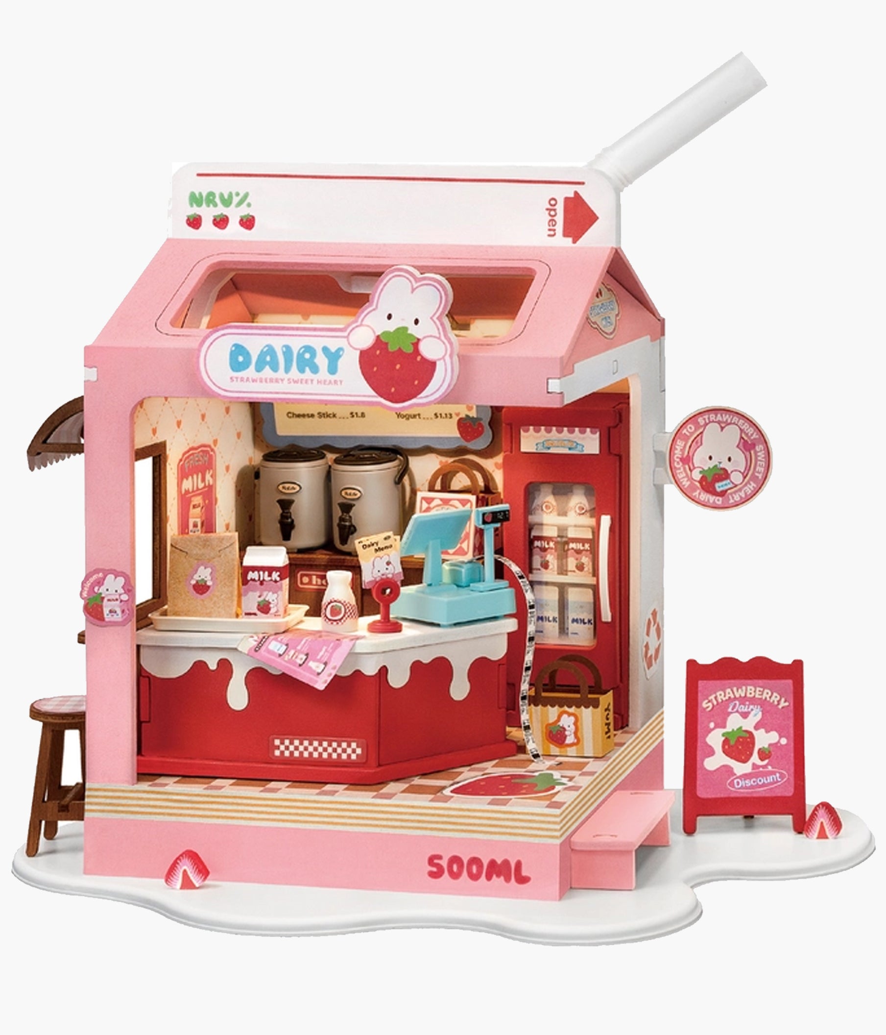 Rolife - Strawberry Milk Box DIY Miniature House - Food Box Shop ...